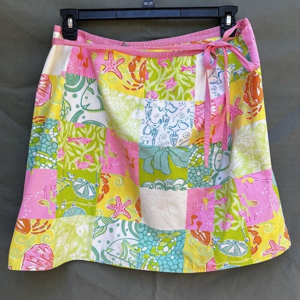VTG Lilly Pulitzer Reversible Skirt Yellow Pink Shells Patchwork Wrap Preppy